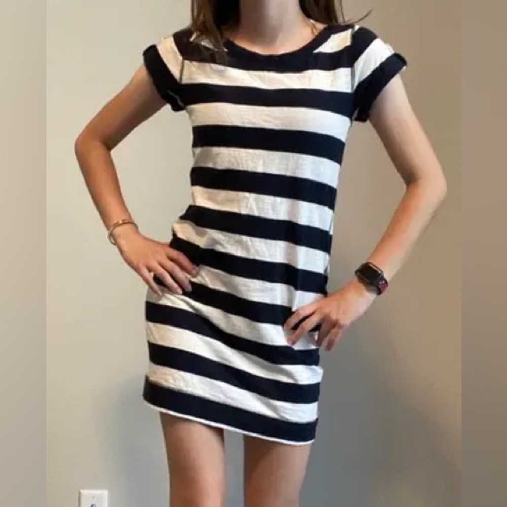 Banana Republic Shift beige Striped black Dress short sleeve crew neck size XL